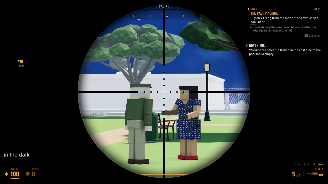 CriminalScum in-game screenshot: The rifle: Millpond Park through the scope