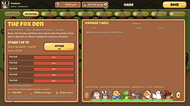 The raids screen: the Fox Den, stage 1 of 10